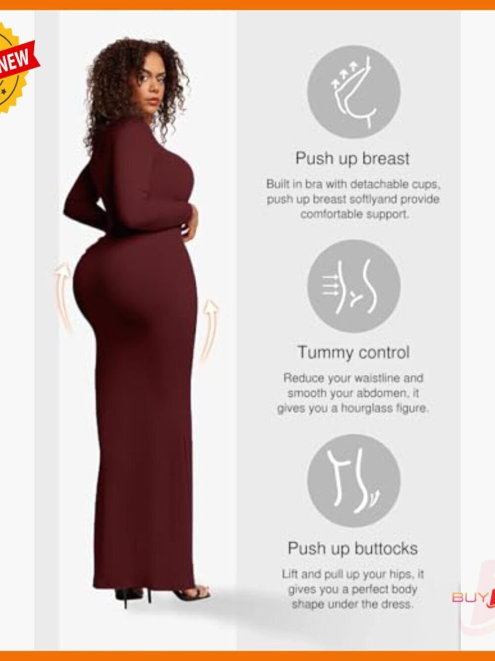Long Sleeve Maxi Dress with Built-in Shapewear Bra, Square Neck Bodycon - Picture 5 of 7